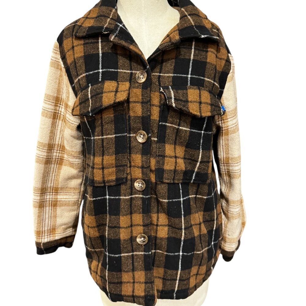 Hurley Plaid Flannel Shacket Jacket Brown Ivory Button Up Medium